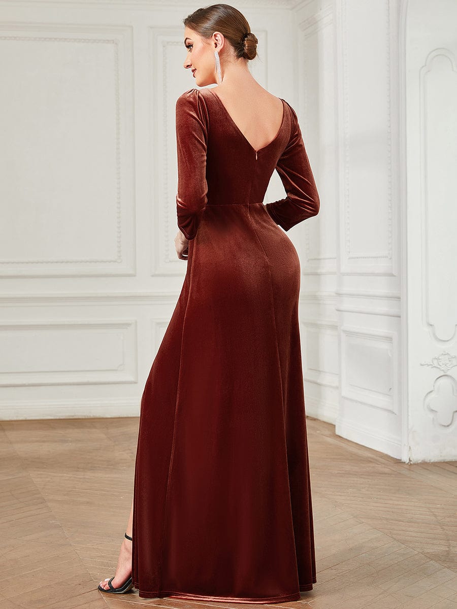 Velvet 3/4 Length Sleeve Illusion V-Neck Front Slit Evening Dress #Color_Brick Red