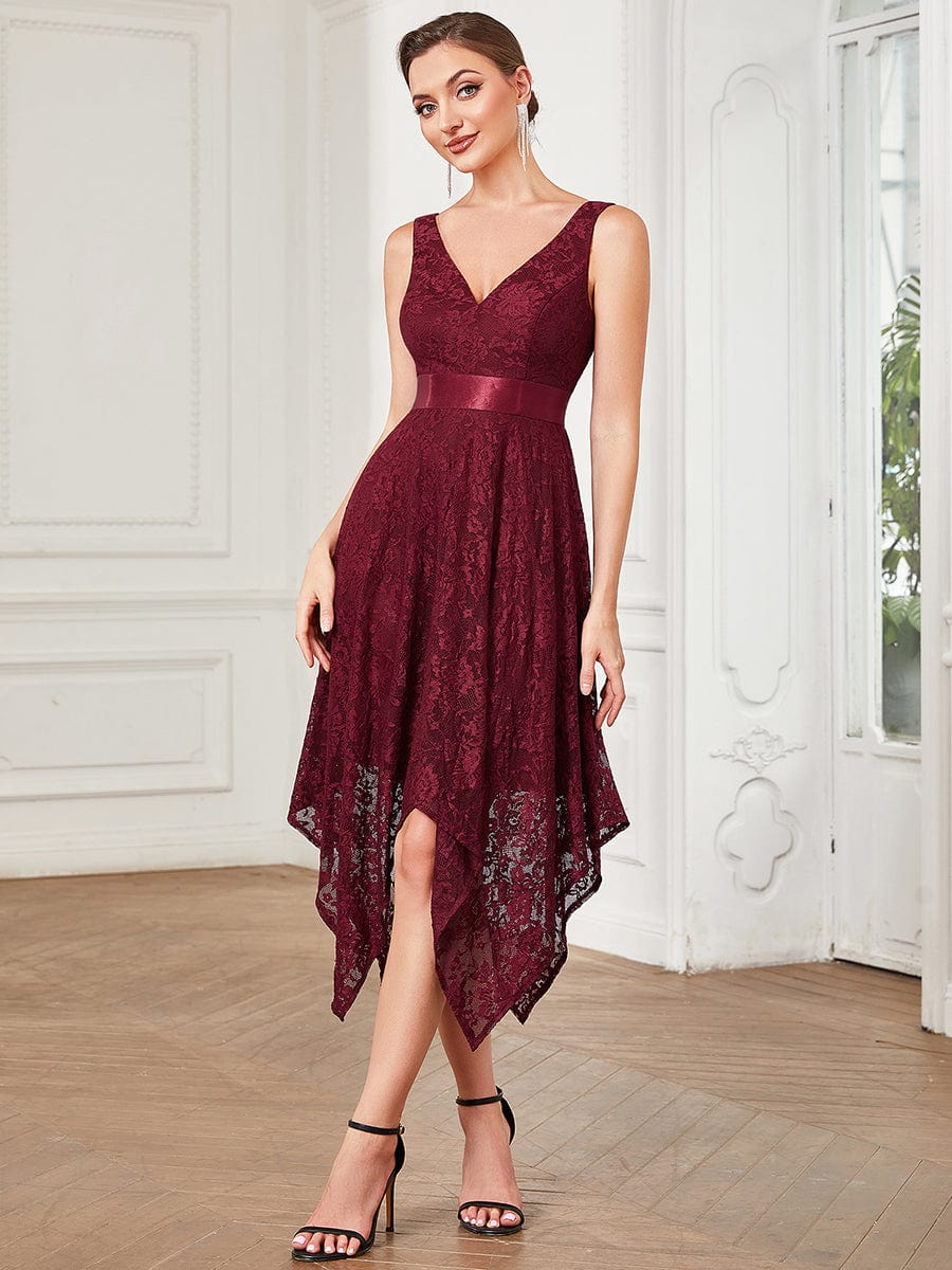 Lace Sleeveless Ribbon Waist Asymmetrical Hem Evening Dress #Color_Burgundy