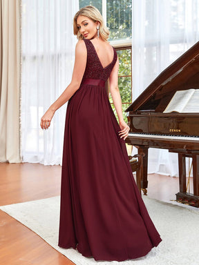 Sequin Sleeveless Plunging V-Neck Ribbon Waist Chiffon A-Line Evening Dress