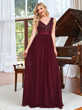 Sequin Sleeveless Plunging V-Neck Ribbon Waist Chiffon A-Line Evening Dress