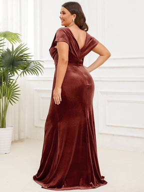 Plus Size V-Neck Velvet Pleated Floor Length Evening Dress