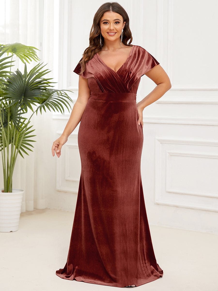 Plus Size V-Neck Velvet Pleated Floor Length Evening Dress