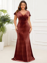 Plus Size V-Neck Velvet Pleated Floor Length Evening Dress #Color_Brick Red