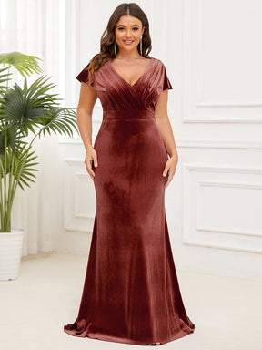 Velvet Pleated V-Neck Cap Sleeve Evening Dress