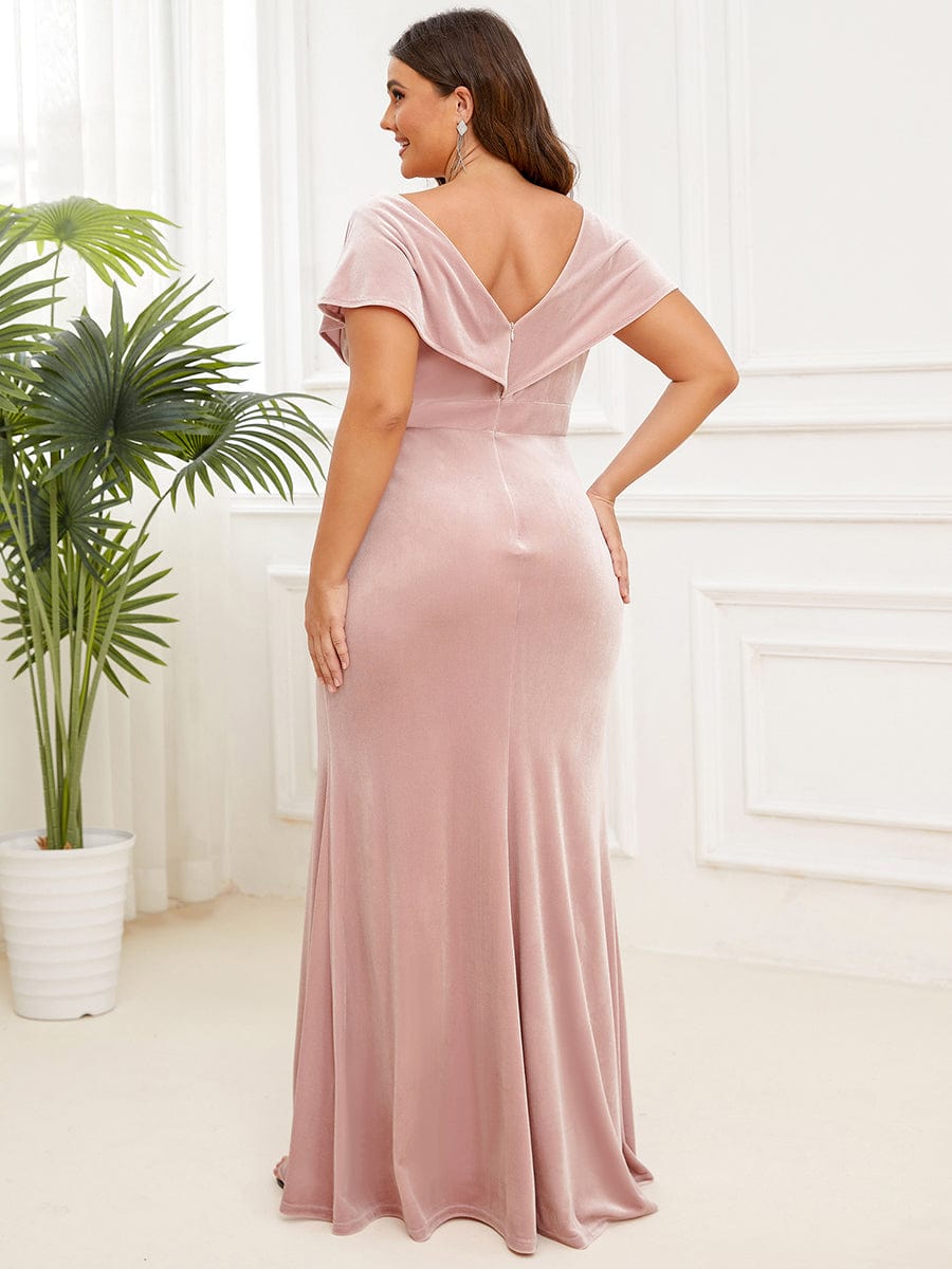 Plus Size V-Neck Velvet Pleated Floor Length Evening Dress #Color_Pink