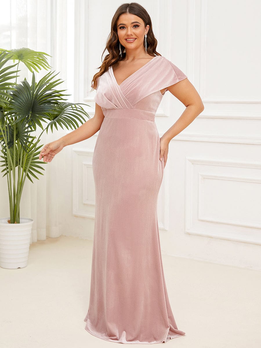 Plus Size V-Neck Velvet Pleated Floor Length Evening Dress