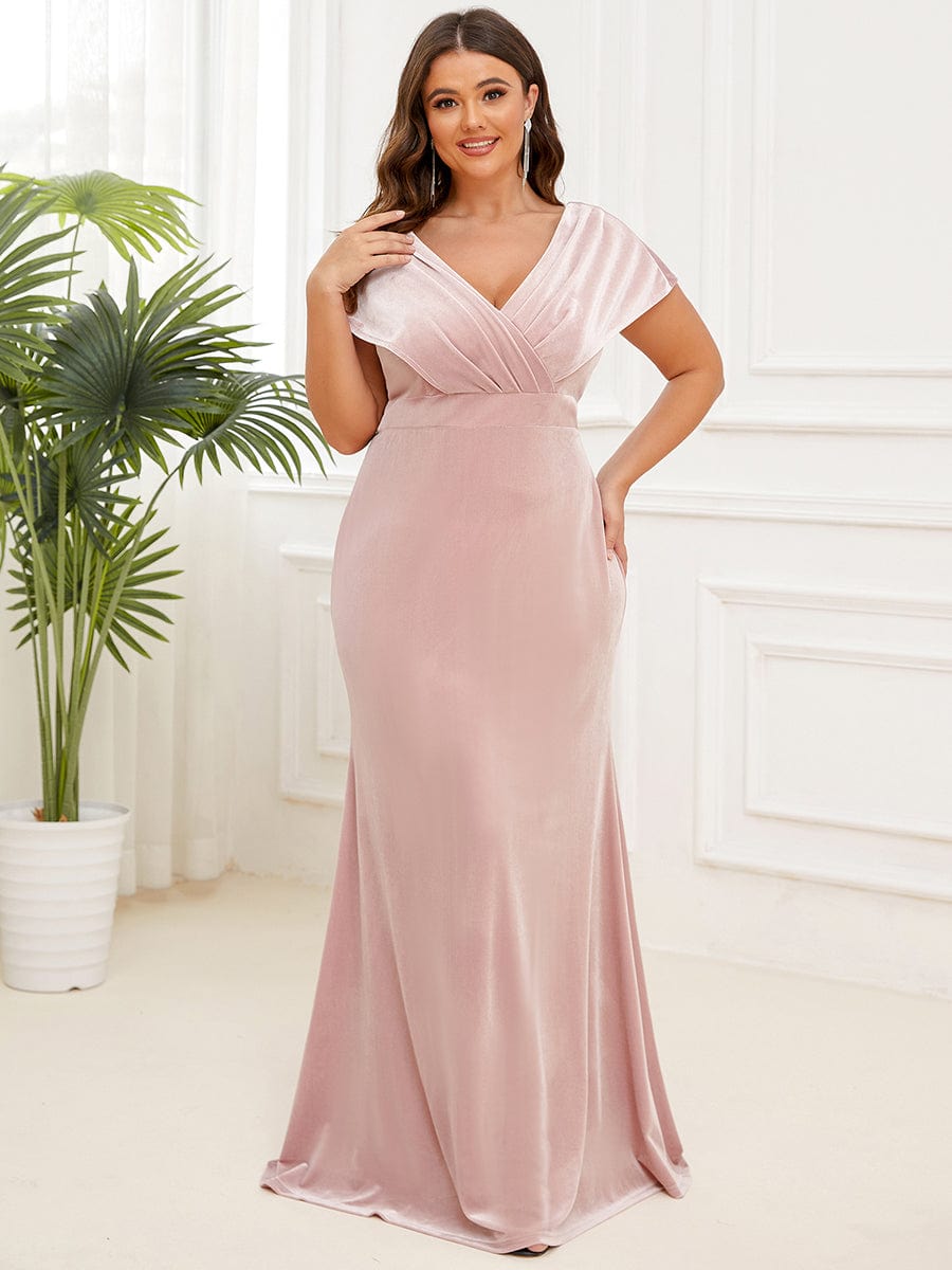 Plus Size V-Neck Velvet Pleated Floor Length Evening Dress #Color_Pink