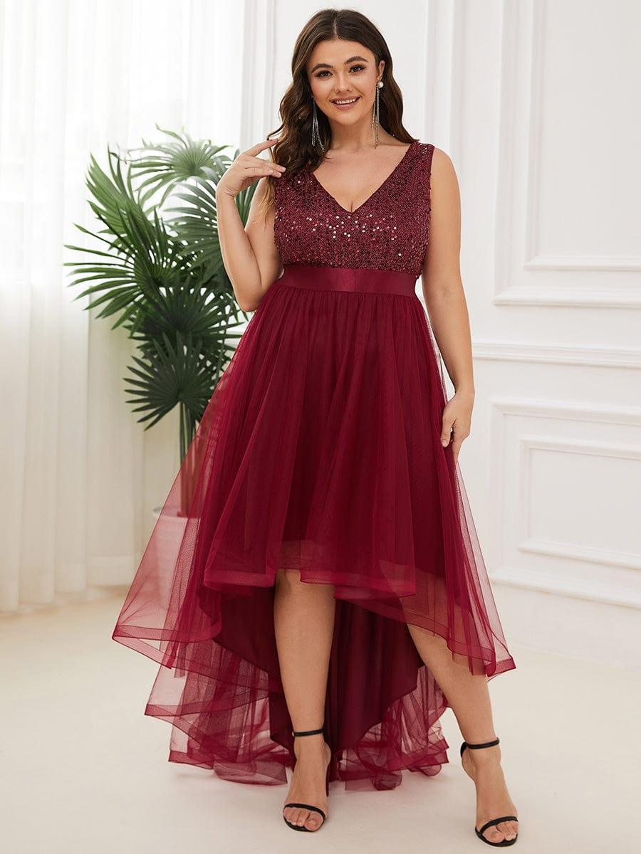 Plus Size Sleeveless Sequin Ribbon Waist Tulle High Low Evening Dress #color_Burgundy