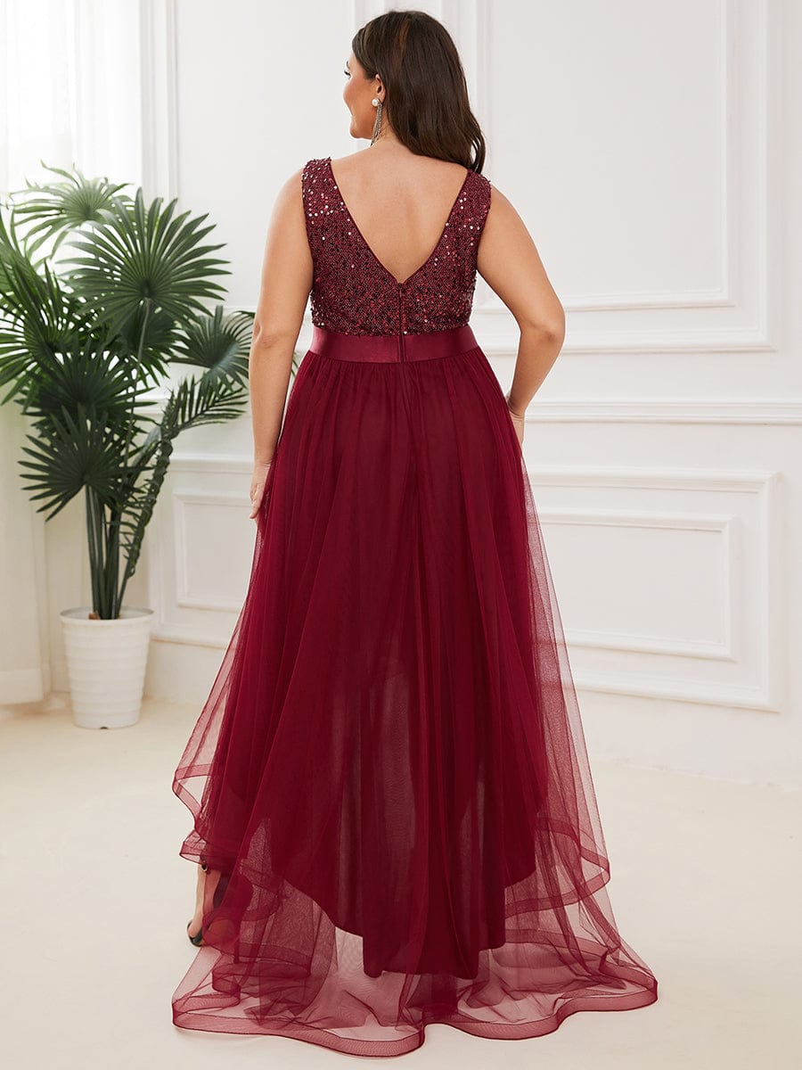 Custom Size Sequin Sleeveless Ribbon Waist Tulle High Low Evening Dress