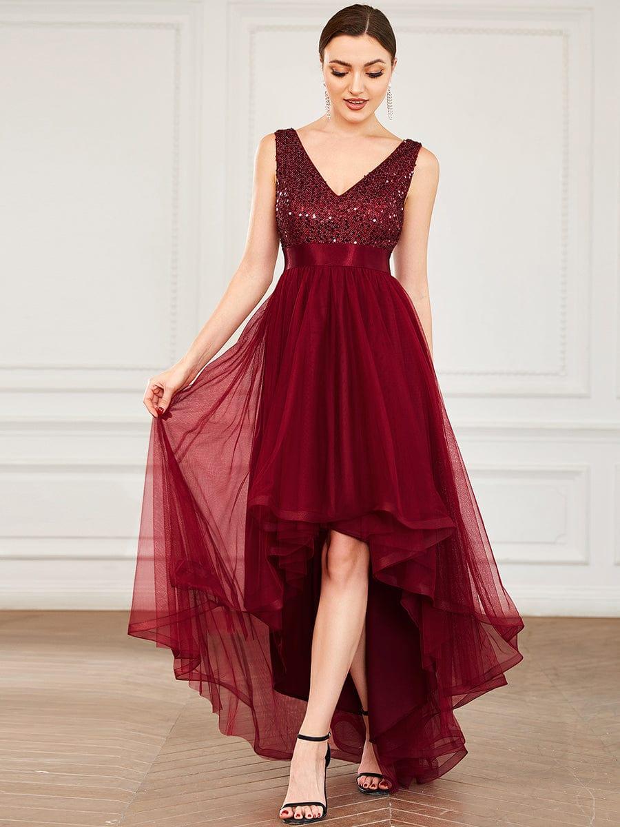 Sequin Bodice Tulle High-Low Evening Dress with Ribbon Waist #color_Burgundy