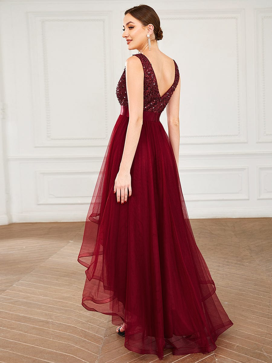 Sequin Bodice Tulle High-Low Evening Dress with Ribbon Waist #color_Burgundy