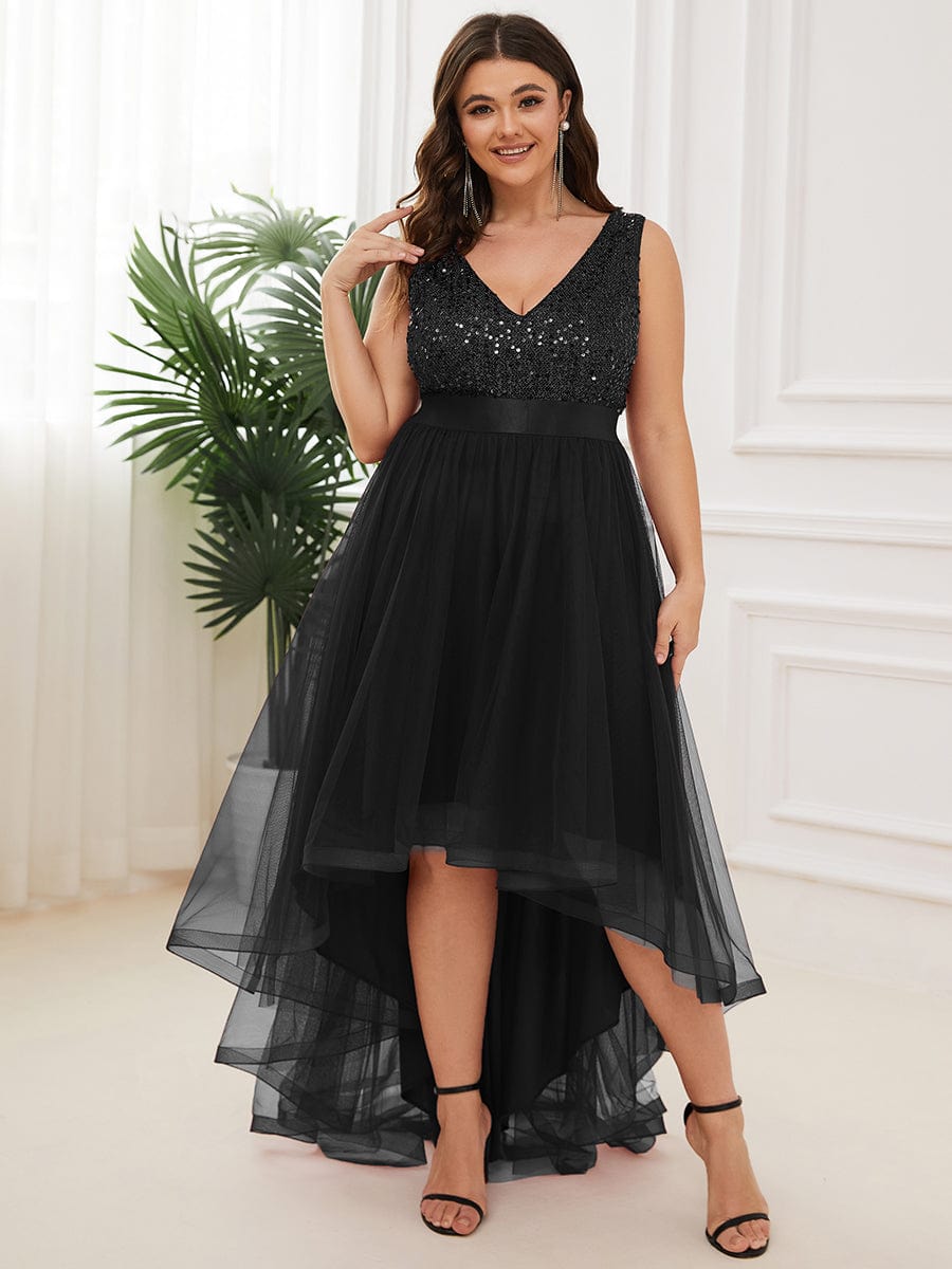 Plus Size Sleeveless Sequin Ribbon Waist Tulle High Low Evening Dress #color_Black
