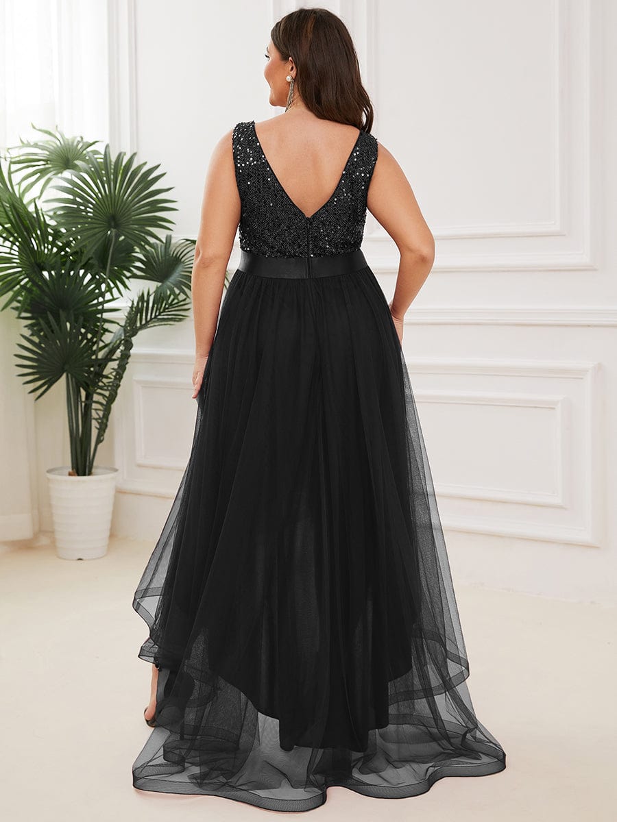 Plus Size Sleeveless Sequin Ribbon Waist Tulle High Low Evening Dress #color_Black