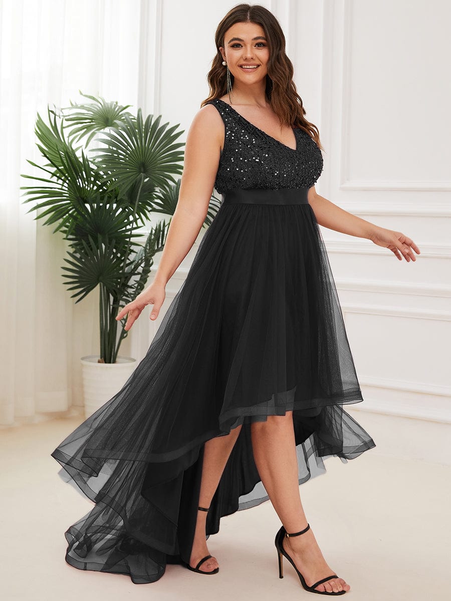 Custom Size Sequin Sleeveless Ribbon Waist Tulle High Low Evening Dress