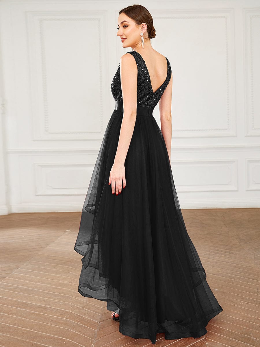 Sequin Bodice Tulle High-Low Evening Dress with Ribbon Waist #color_Black
