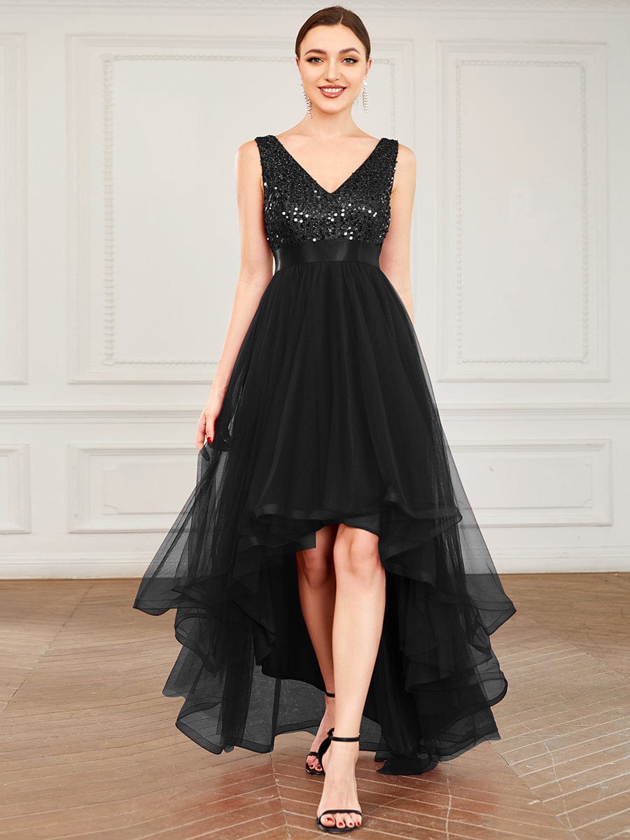 Sequin Bodice Tulle High-Low Evening Dress with Ribbon Waist #color_Black