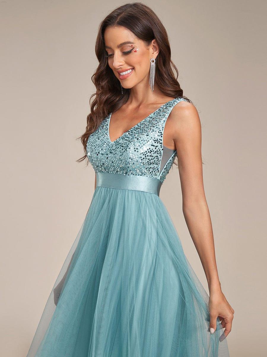 Sequin Bodice Tulle High-Low Evening Dress with Ribbon Waist #color_Light Teal