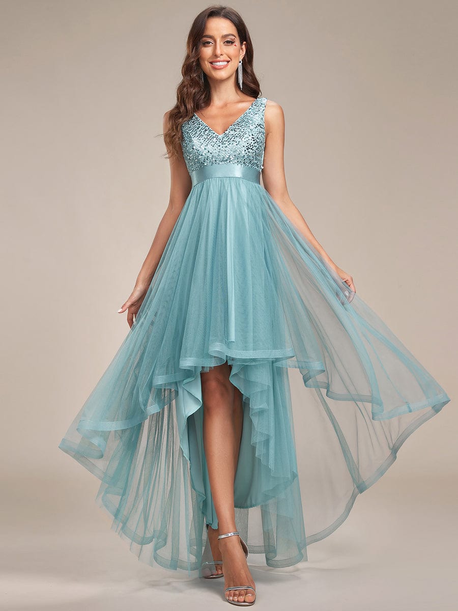Sequin Bodice Tulle High-Low Evening Dress with Ribbon Waist #color_Dusty Blue