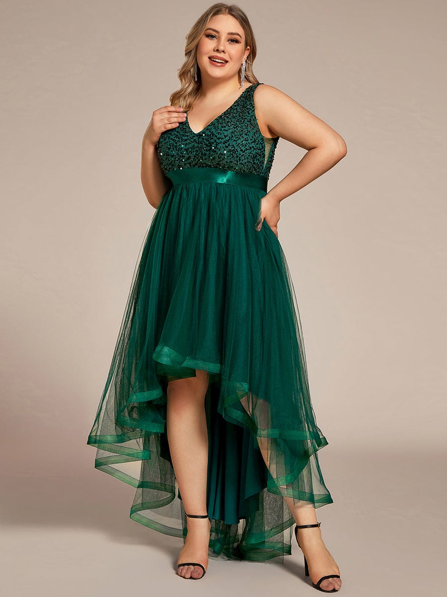 Plus Size Sleeveless Sequin Ribbon Waist Tulle High Low Evening Dress #color_Dark Green