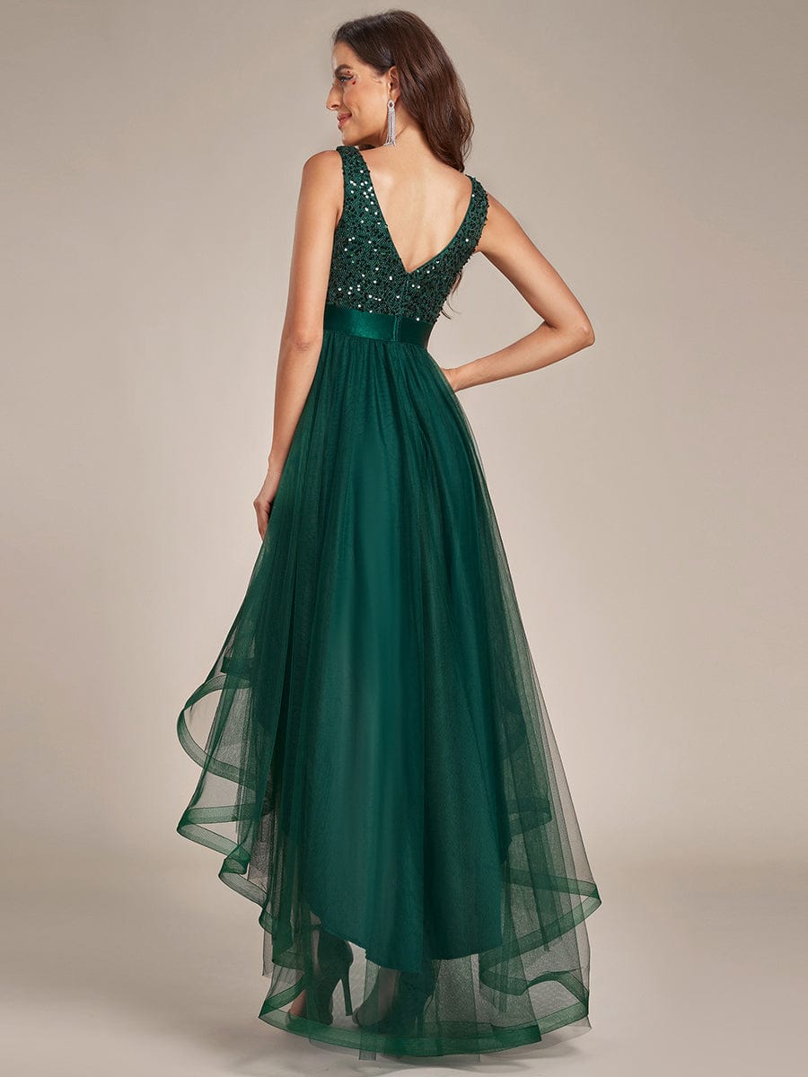 Sequin Bodice Tulle High-Low Evening Dress with Ribbon Waist #color_Dark Green
