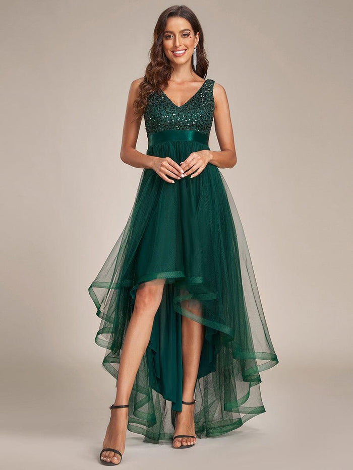 High Low Sequin Sleeveless Evening Dress with Flowy Tulle
