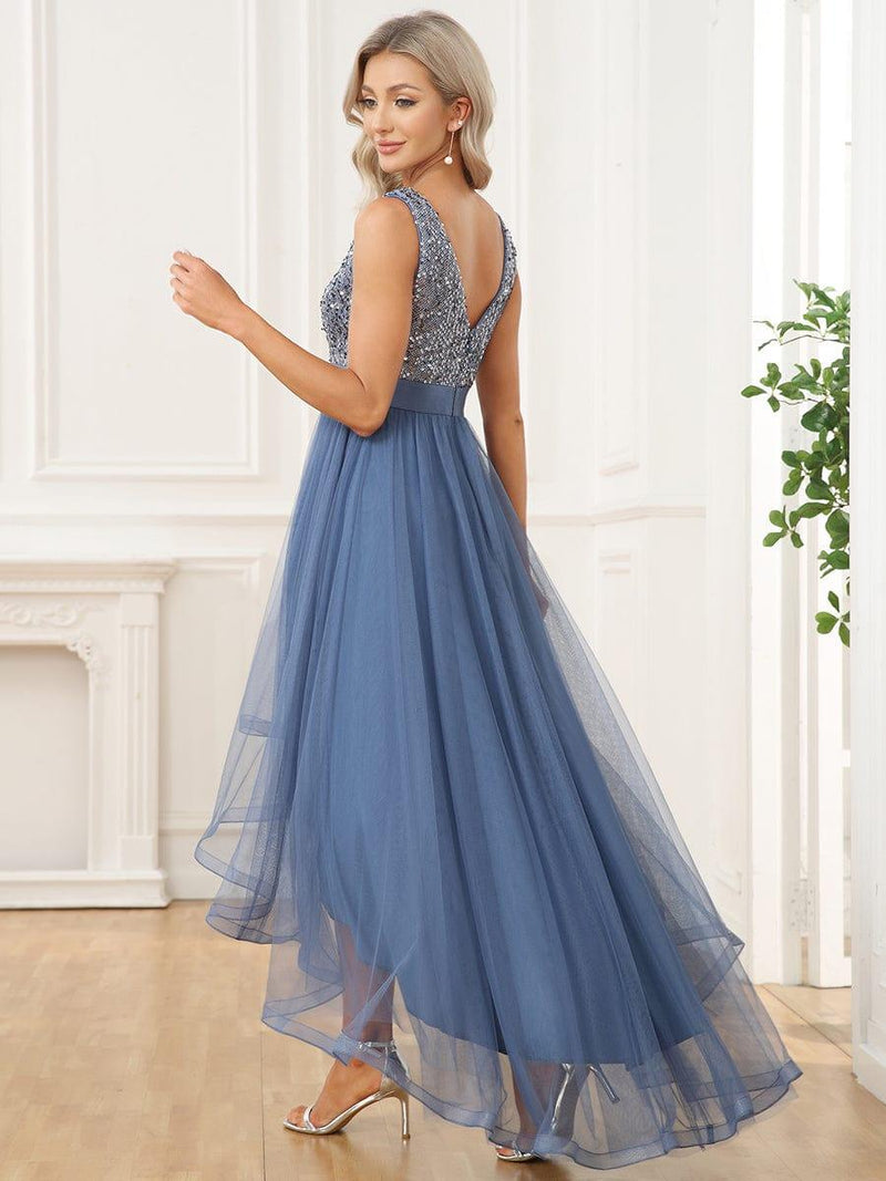 High Low Sequin Sleeveless Evening Dress with Flowy Tulle