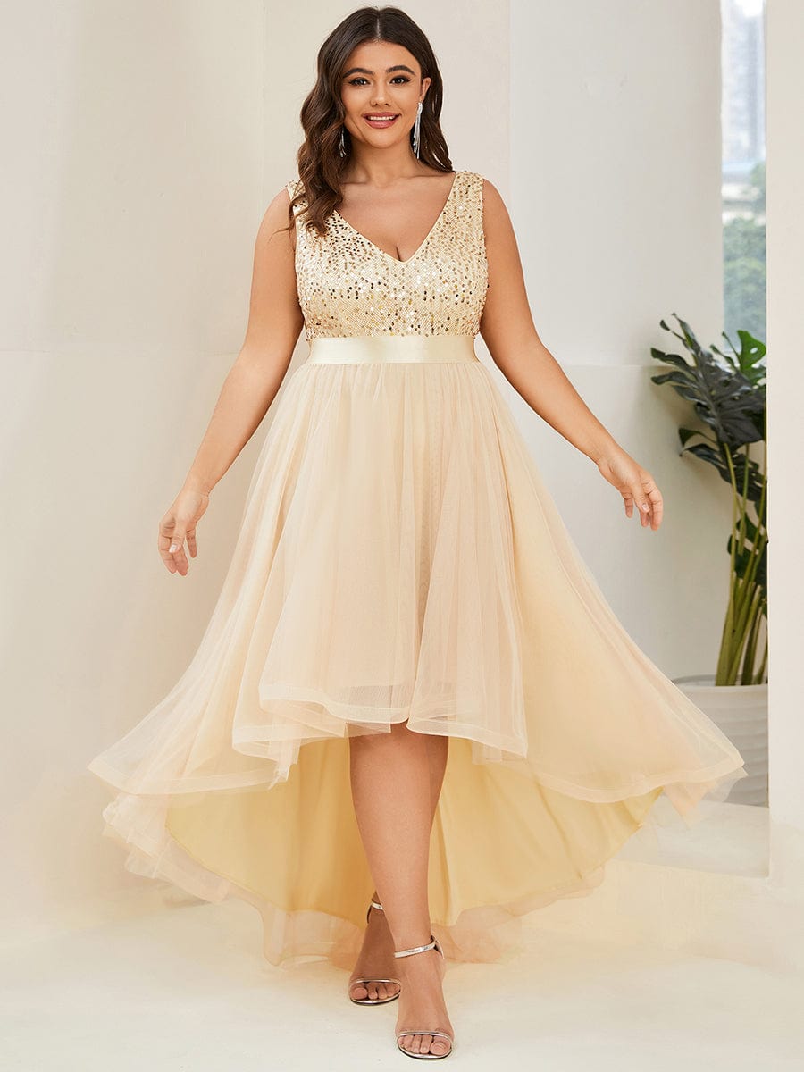 Plus Size Sleeveless Sequin Ribbon Waist Tulle High Low Evening Dress #color_Gold