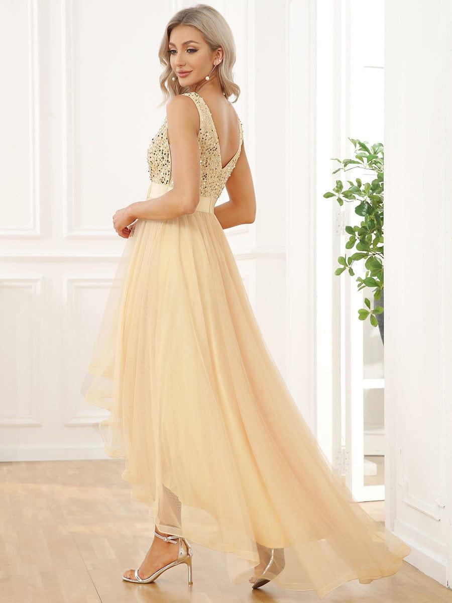 Sequin Bodice Tulle High-Low Evening Dress with Ribbon Waist #color_Gold