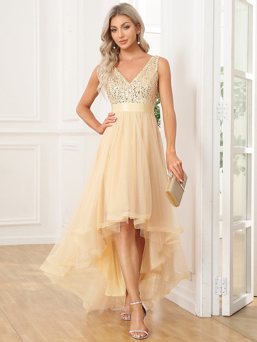 Sequin Bodice Tulle High-Low Evening Dress with Ribbon Waist #color_Gold