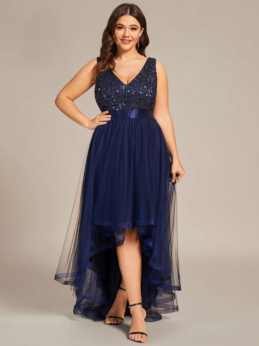 Custom Size Sequin Sleeveless Ribbon Waist Tulle High Low Evening Dress #color_Navy Blue