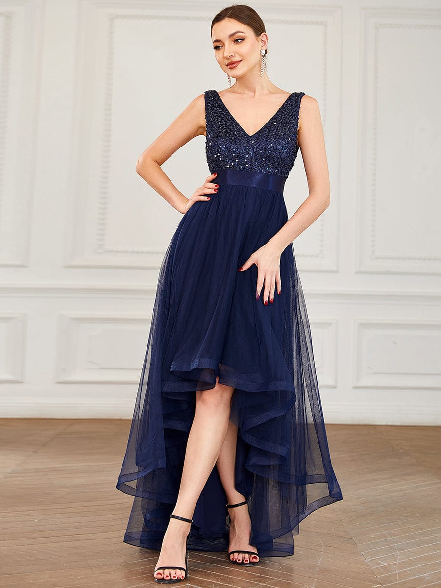 Sequin Bodice Tulle High-Low Evening Dress with Ribbon Waist #color_Navy Blue