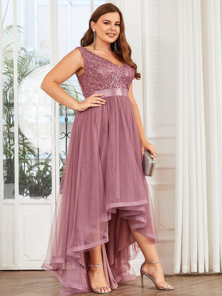 Plus Size Sleeveless Sequin Ribbon Waist Tulle High Low Evening Dress #color_Purple Orchid