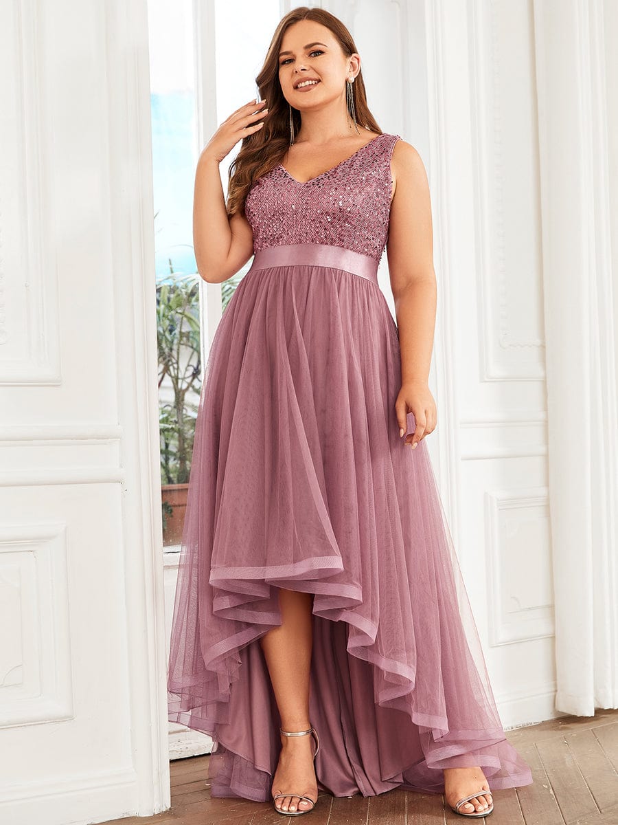 Plus Size Sleeveless Sequin Ribbon Waist Tulle High Low Evening Dress #color_Purple Orchid