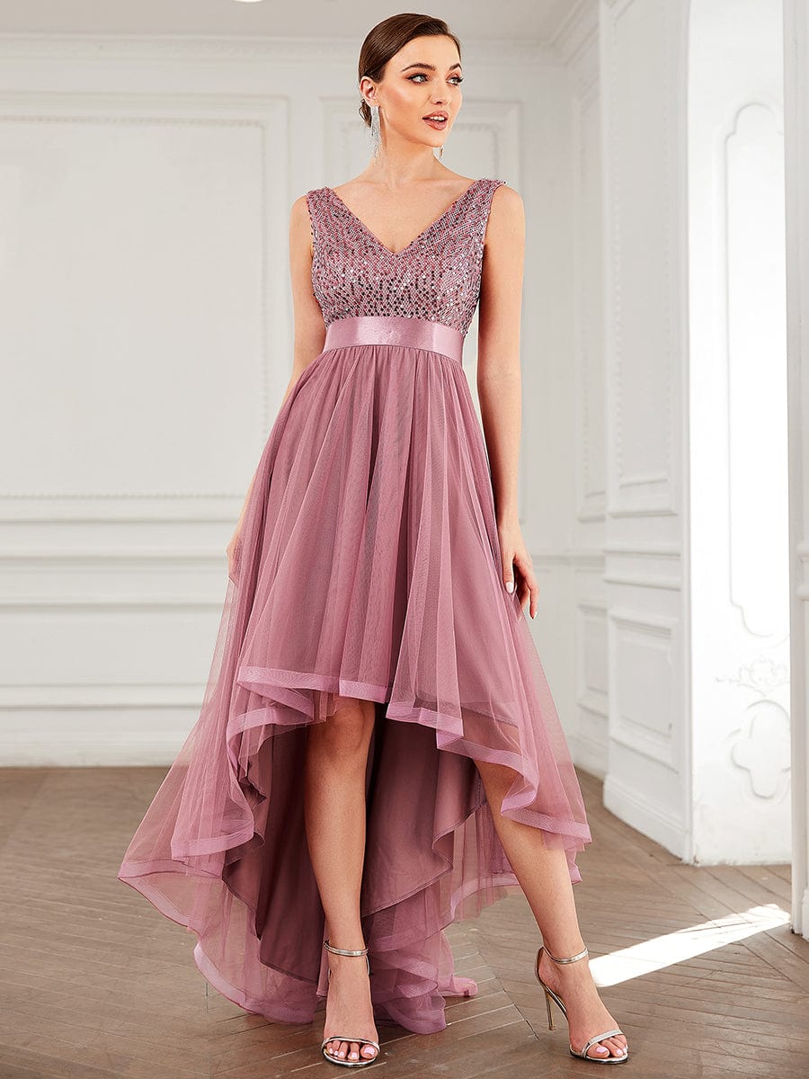 Sequin Bodice Tulle High-Low Evening Dress with Ribbon Waist