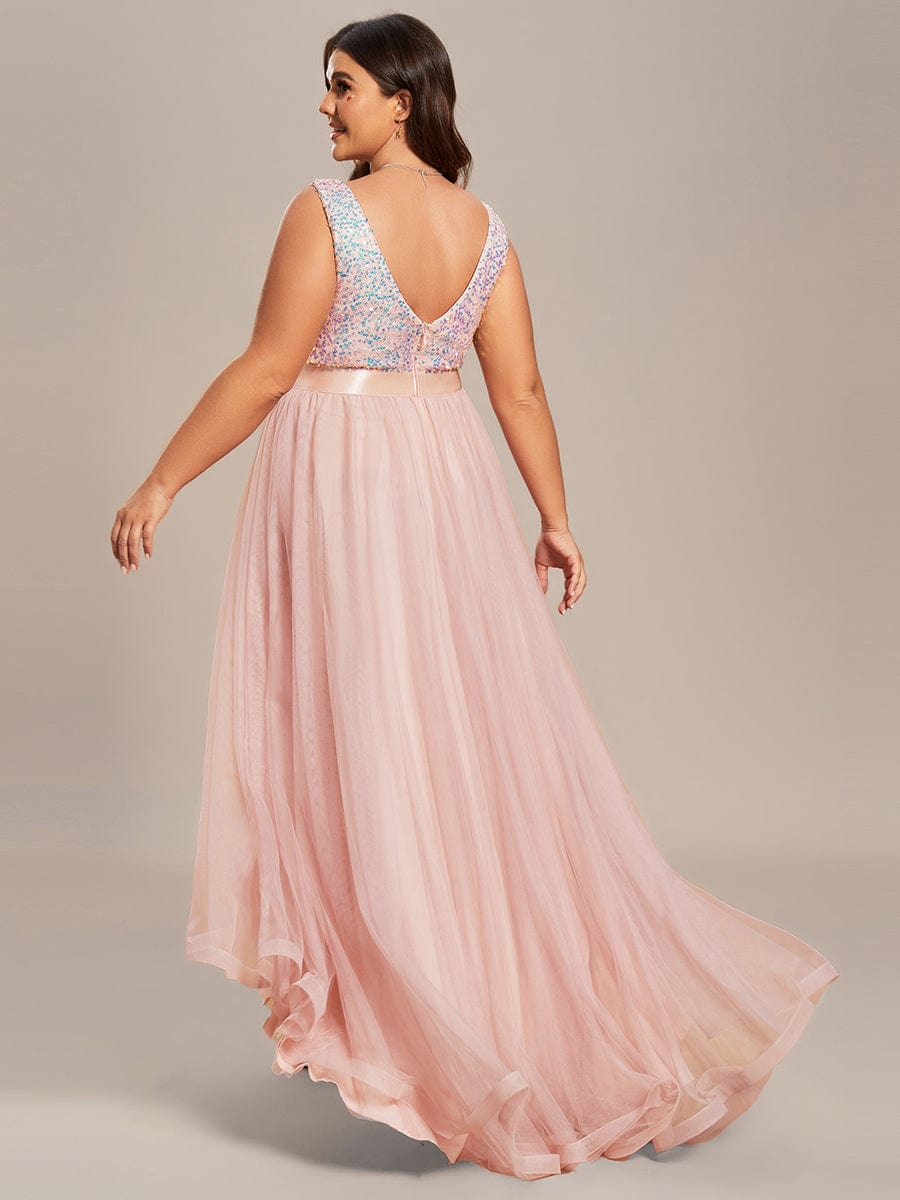Plus Size Sleeveless Sequin Ribbon Waist Tulle High Low Evening Dress #color_Pink