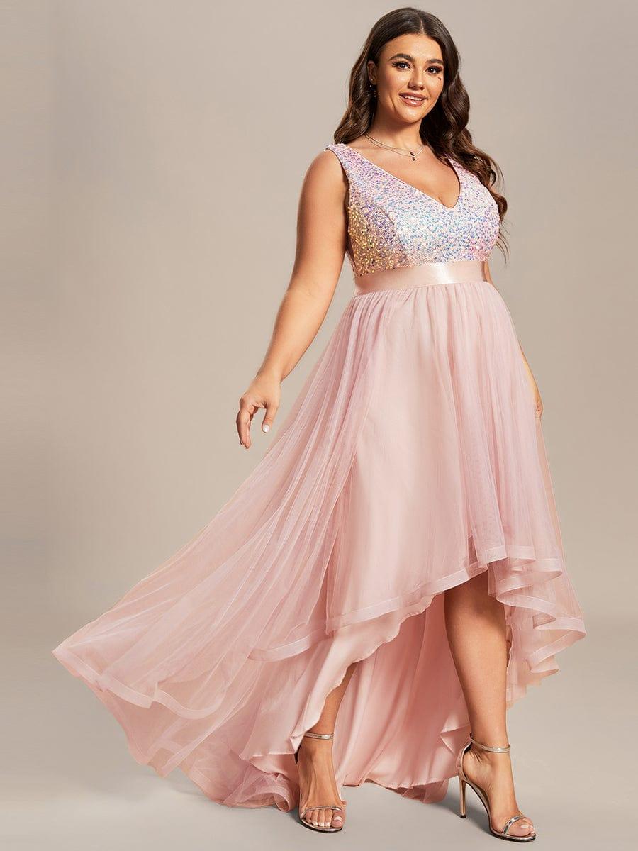 Plus Size Sleeveless Sequin Ribbon Waist Tulle High Low Evening Dress #color_Pink