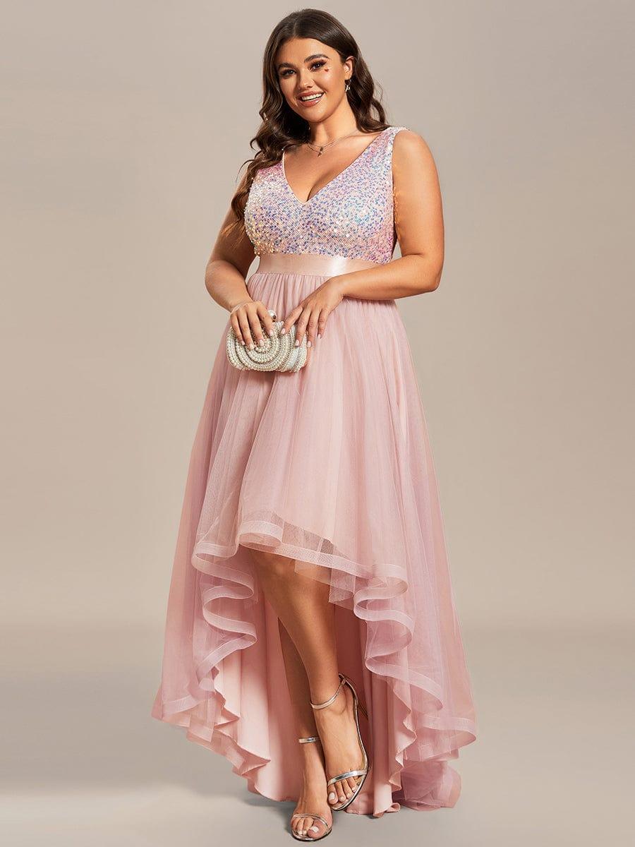 Plus Size Sleeveless Sequin Ribbon Waist Tulle High Low Evening Dress #color_Pink