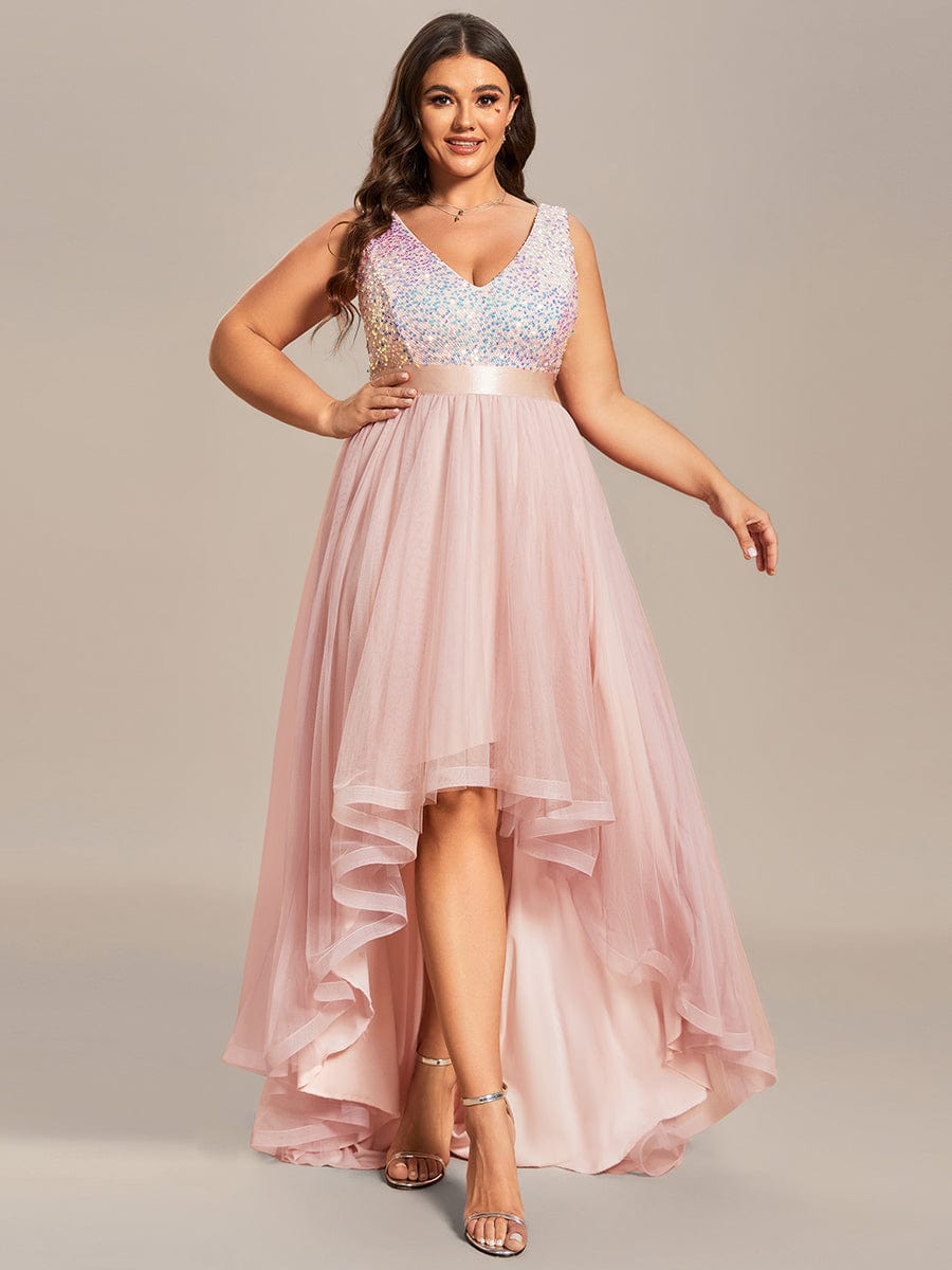 Plus Size Sleeveless Sequin Ribbon Waist Tulle High Low Evening Dress #color_Pink