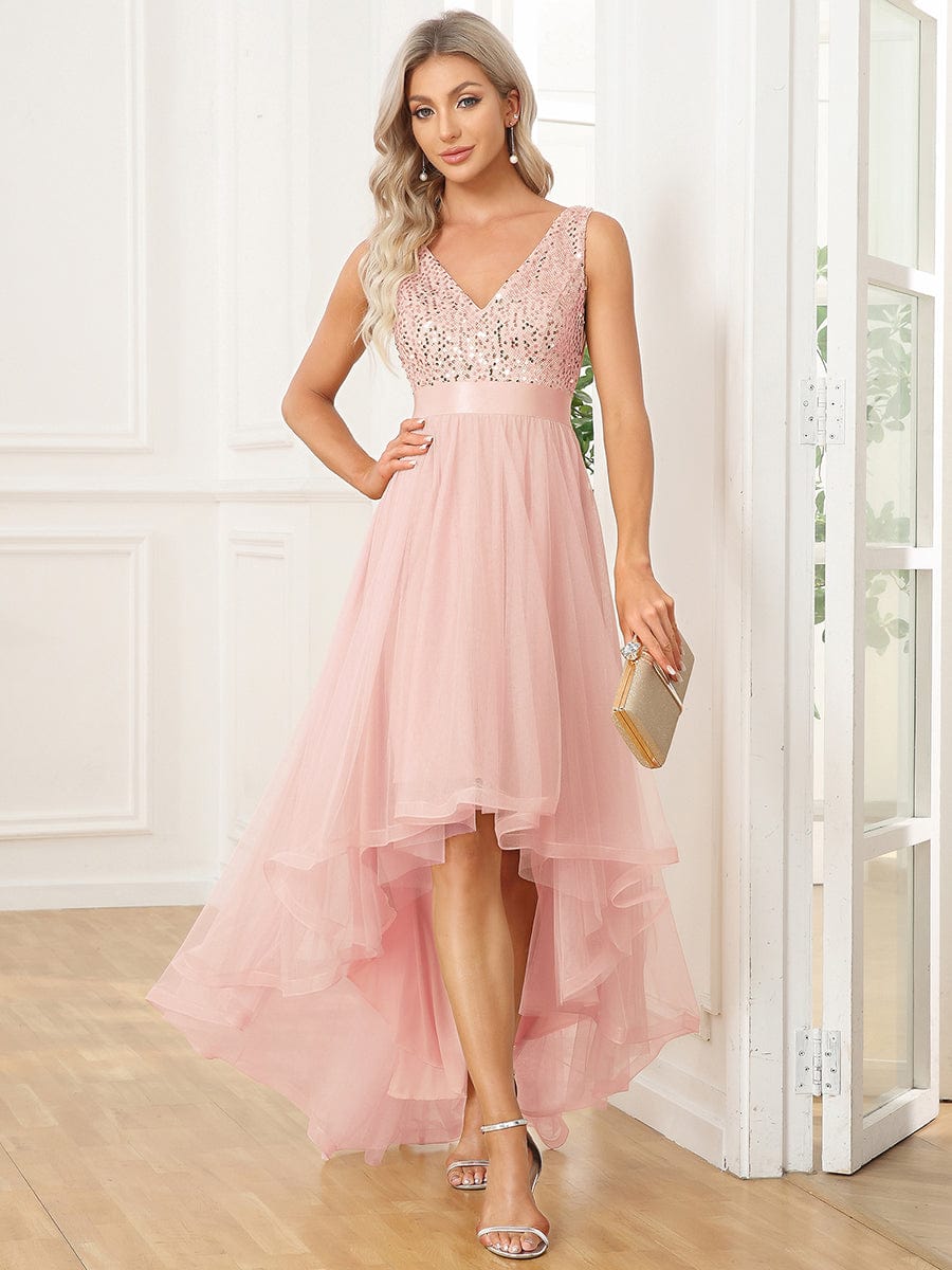 Sequin Bodice Tulle High-Low Evening Dress with Ribbon Waist #color_Pink