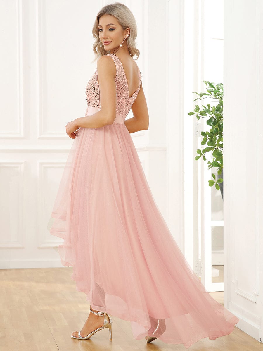 Sequin Bodice Tulle High-Low Evening Dress with Ribbon Waist #color_Pink