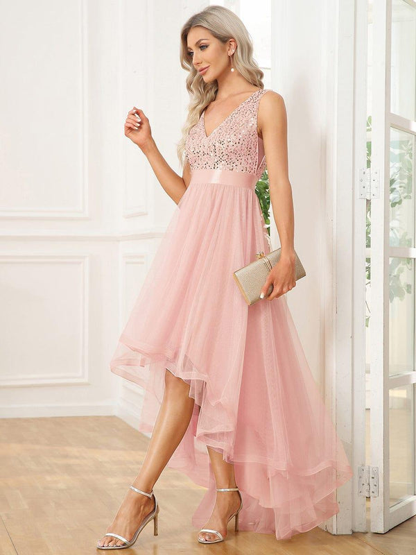High Low Sequin Sleeveless Evening Dress with Flowy Tulle