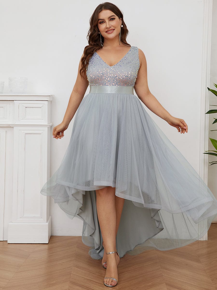 Plus Size Sleeveless Sequin Ribbon Waist Tulle High Low Evening Dress #color_Silver