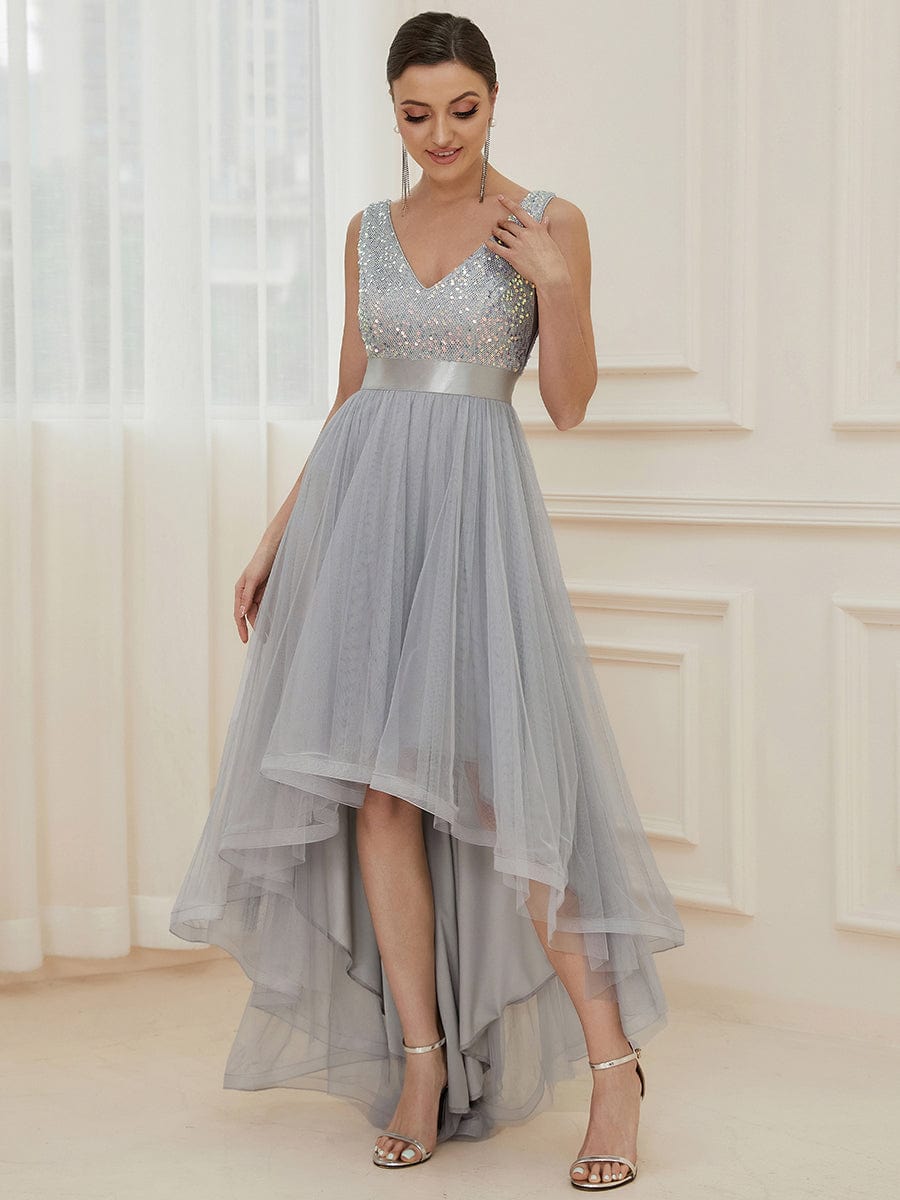 Sequin Bodice Tulle High-Low Evening Dress with Ribbon Waist #color_Silver
