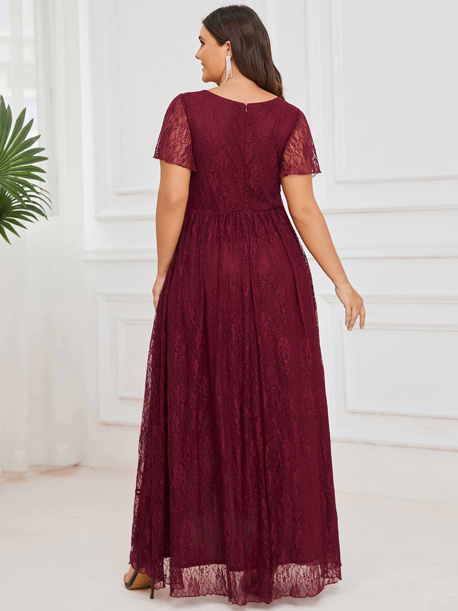 Plus Size Short Sleeve Ruffled V-Neck A-Line Lace Evening Dress #color_Burgundy