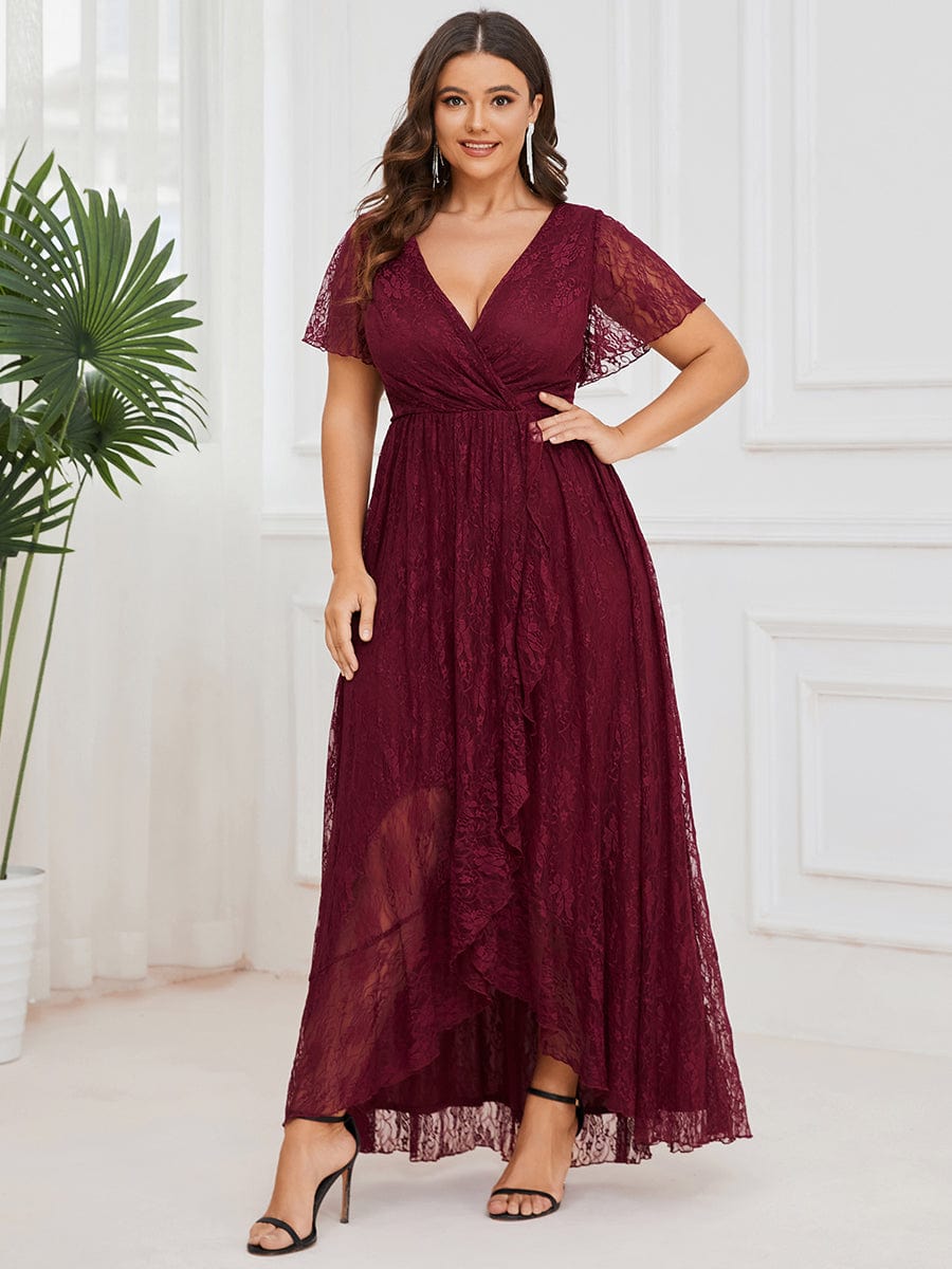 Plus Size Short Sleeve Ruffled V-Neck A-Line Lace Evening Dress #color_Burgundy