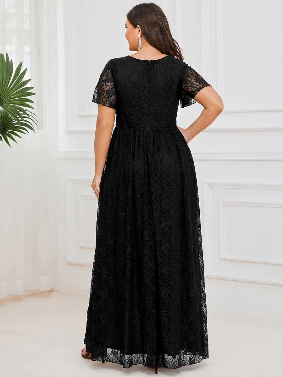 Custom Size Short Sleeve Ruffled V-Neck A-Line Lace Evening Dress #color_Black