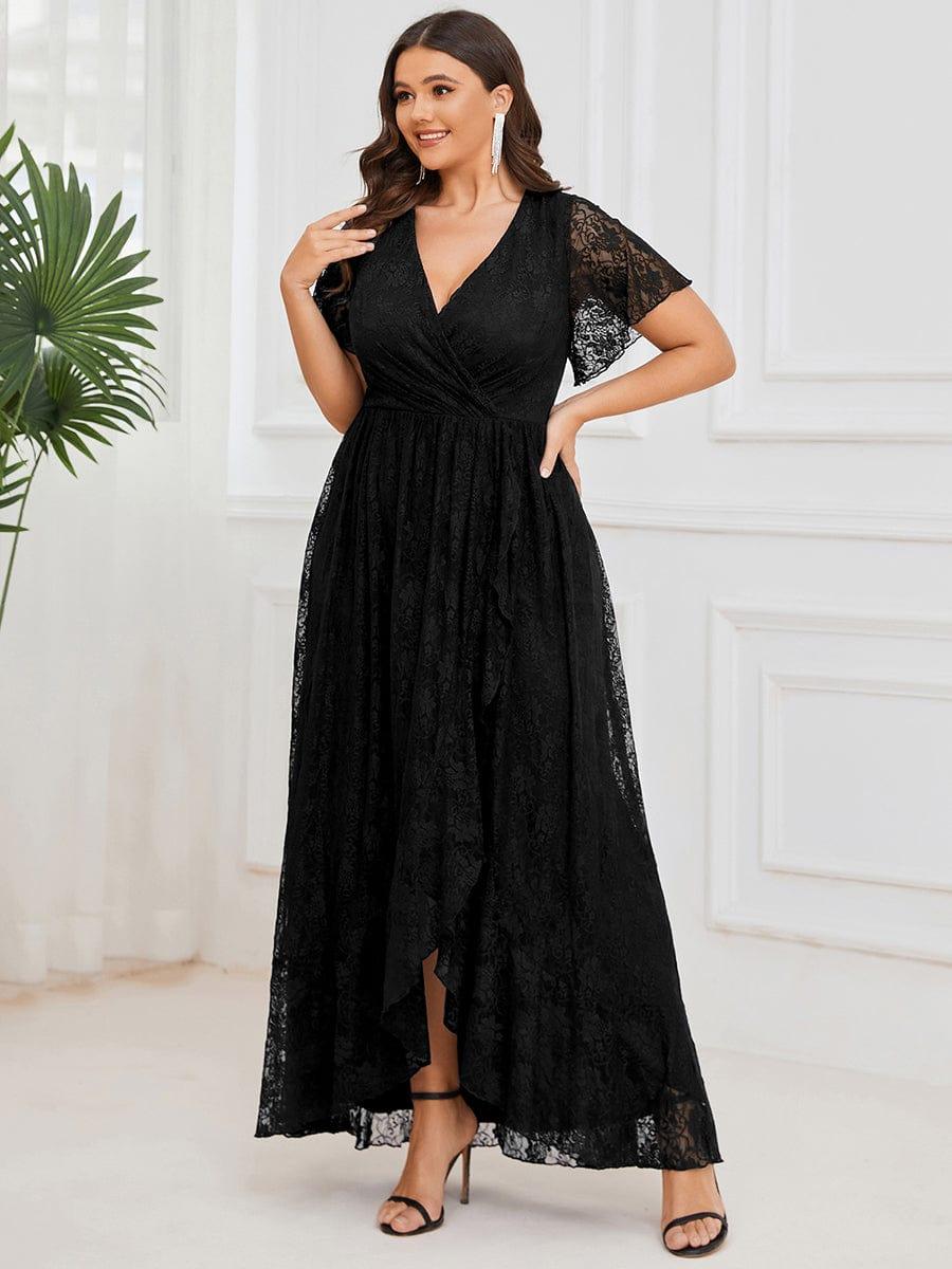 Plus Size Short Sleeve Ruffled V-Neck A-Line Lace Evening Dress