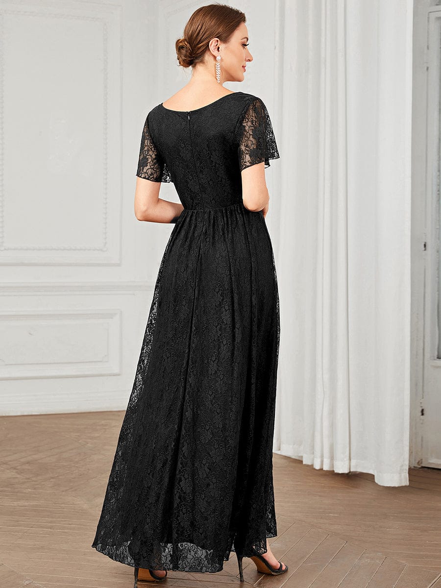 Pleated V-Neck Short Sleeve Ruffled Lace Evening Dress #color_Black