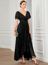 Pleated V-Neck Short Sleeve Ruffled Lace Evening Dress #color_Black