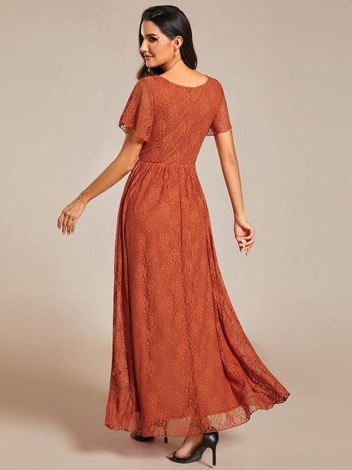 V-Neck 3/4 Sleeve Bow A-Line Lace Floor-Length Evening Dress main image 0
